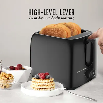 Highlights the toaster's high-level lever feature that allows users to easily push down to begin toasting, emphasizing ease of use and convenience.