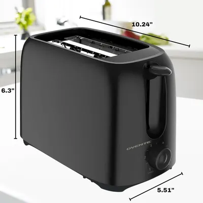 Communicates the exact physical dimensions of the toaster to help shoppers understand its size and whether it will fit in their kitchen space.