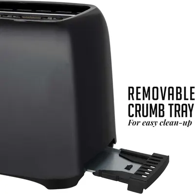 Highlights the removable crumb tray feature to communicate easy cleaning and maintenance convenience to shoppers. Emphasizes the easy clean-up benefit provided by the removable crumb tray feature.