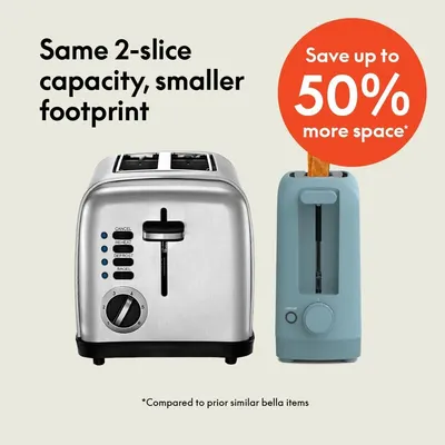 Demonstrates that the new compact toaster offers the same 2-slice capacity as a traditional larger model while saving up to 50% more counter space, positioning it as superior to prior similar…