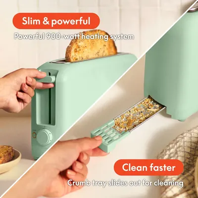 Communicates two distinct product benefits in a split-panel layout: the powerful heating performance and the convenient cleaning feature, reassuring shoppers of both functionality and ease of…