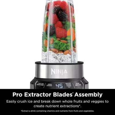 Highlights the Pro Extractor Blades Assembly feature that enables the blender to crush ice and break down whole fruits and vegetables to create nutrient extractions, reassuring shoppers of the…
