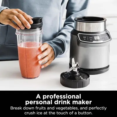 Communicates the product's ability to function as a professional-quality personal drink maker that can break down fruits and vegetables and crush ice with simple button operation, emphasizing…