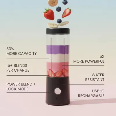 Communicates multiple key selling benefits of the portable blender including increased capacity, battery life, power, durability, and charging convenience to demonstrate comprehensive product…