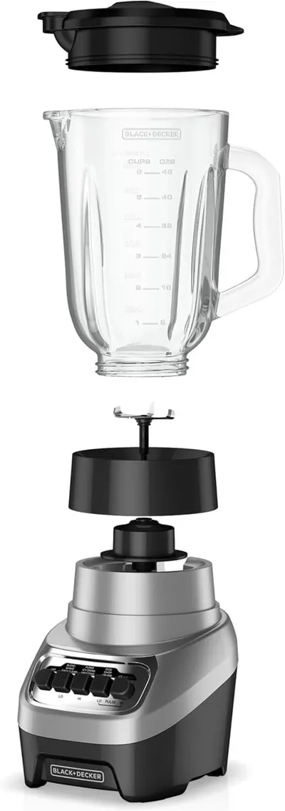 Shows the blender's disassembled parts to help shoppers understand the product's construction, assembly, and individual components including the lid, jar, blade assembly, and motor base.
