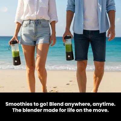 Demonstrates the product in a real-world beach lifestyle setting to show it's designed for active, mobile lifestyles and outdoor use. Communicates that the portable blender is designed for life on…