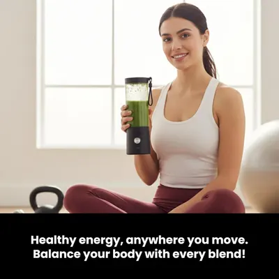 Communicates the product's portability and health benefits, positioning it as a convenient solution for making nutritious smoothies anywhere, appealing to active, health-conscious shoppers.