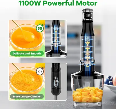 Communicates the motor's power (1100W) and demonstrates performance metrics showing how quickly the blender can achieve different blending consistencies (5 seconds for smooth, 10 seconds for…