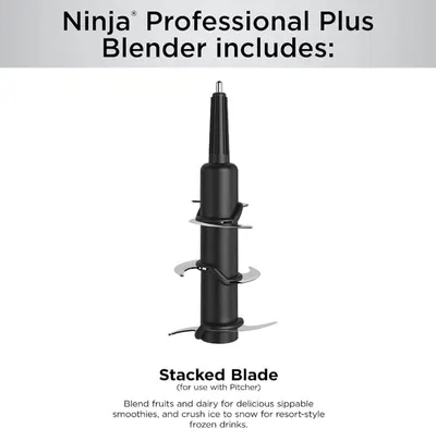 Shows one of the included accessories (stacked blade) that comes with the Ninja Professional Plus Blender, explaining its specific use for blending smoothies and crushing ice. Highlights the…