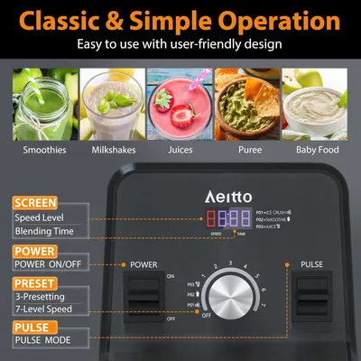 Explains how to operate the blender by identifying and labeling the key control panel features (screen display, power button, preset modes, and pulse function) to help shoppers understand the…