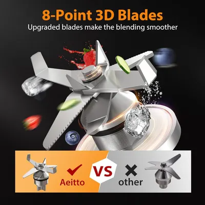 Demonstrates the superiority of the Aeitto brand's 8-point 3D blade system compared to generic competitor blades, reassuring shoppers that this product delivers better blending performance.…
