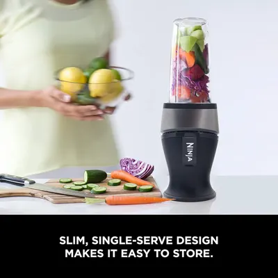 Highlights the blender's slim, single-serve design to communicate convenience and easy storage for shoppers with limited kitchen space.