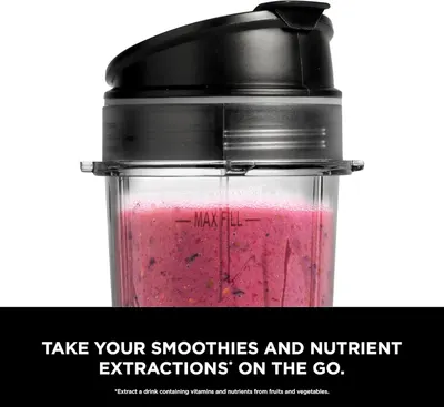 Communicates that the blender cup with lid allows users to take their smoothies and nutrient extractions anywhere, emphasizing portability and convenience for busy lifestyles.