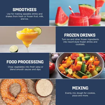 Demonstrates the multiple use cases and versatility of the product by showing four distinct applications: making smoothies, frozen cocktails, chopping vegetables, and mixing dough.