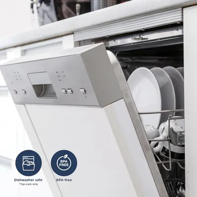 Communicates that the product is safe for dishwasher use (top-rack only) and free from BPA, reassuring shoppers about convenience and health safety. Highlights two distinct product benefits in a…