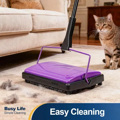 Demonstrates the product's effectiveness for cleaning pet hair in a home environment, reassuring pet owners that this sweeper is ideal for their needs. Communicates the core benefit of easy, simple…