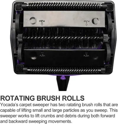 Highlights the internal structure and key component of the carpet sweeper—the two rotating brush rolls—to demonstrate how the product effectively lifts crumbs and debris during sweeping.