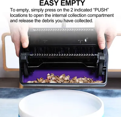 Demonstrates how to empty the product's collection compartment by pressing two indicated locations, reassuring shoppers that maintenance is simple and convenient. Highlights the ease of emptying the…