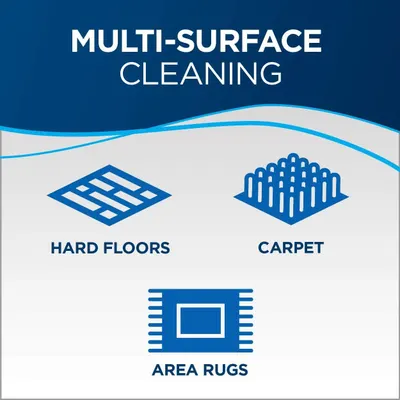 Demonstrates the product's versatility by showing it can clean multiple surface types including hard floors, carpet, and area rugs.
