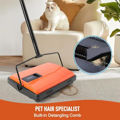 Communicates that this sweeper is specifically designed for pet owners, featuring a built-in detangling comb to effectively remove pet hair from carpets and floors.