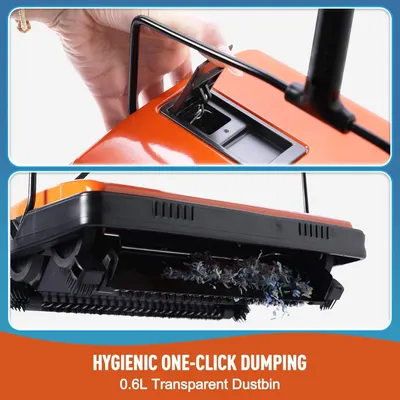 Demonstrates the product's convenient one-click dustbin emptying mechanism, reassuring shoppers that they can dispose of debris hygienically without touching dirt or dust.