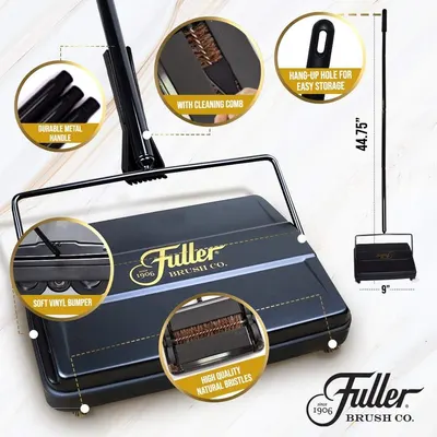 This image breaks down the physical components and construction features of the carpet sweeper to help shoppers understand the quality and thoughtful design of each part.