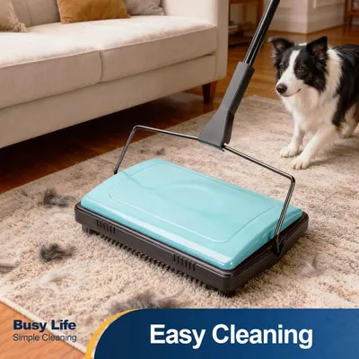 Demonstrates the product's effectiveness at easily cleaning pet hair from carpets, reassuring pet owners that the sweeper simplifies household cleaning tasks.