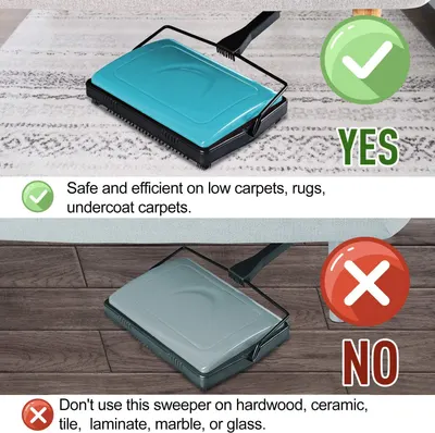 Demonstrates where the sweeper should and should not be used, helping shoppers understand the appropriate surfaces and avoid damage to incompatible flooring types.
