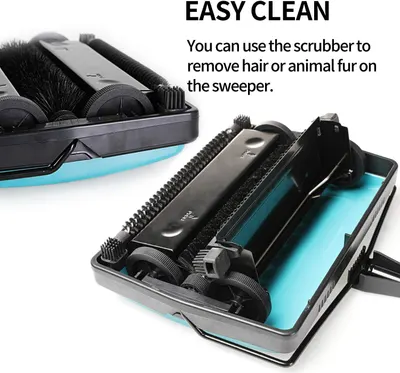 Demonstrates how to clean and maintain the sweeper by using the built-in scrubber to remove hair and fur, reassuring shoppers that maintenance is simple and convenient. Highlights the easy-clean…