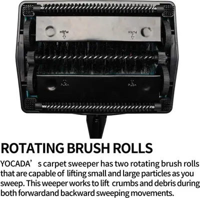 Highlights the internal rotating brush roll mechanism to show how the product effectively lifts and captures both small and large particles during sweeping. Communicates the key benefit of the dual…