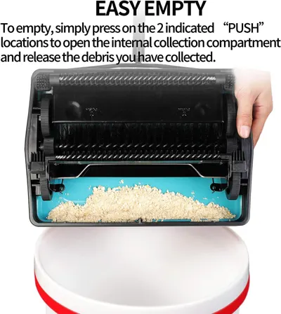 Demonstrates how to empty the debris collection compartment by pressing two indicated locations, reassuring shoppers that maintenance is simple and hassle-free. Highlights the ease of emptying the…