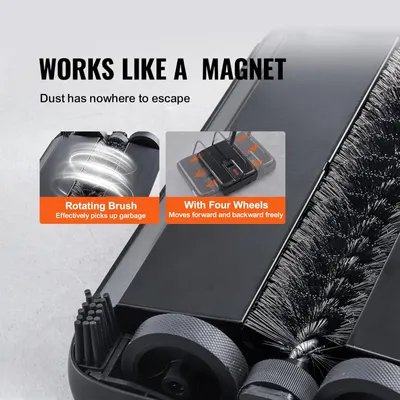 Highlights two key features of the vacuum cleaner: the rotating brush that effectively picks up dust and debris, and the four-wheel design that enables easy forward and backward movement.