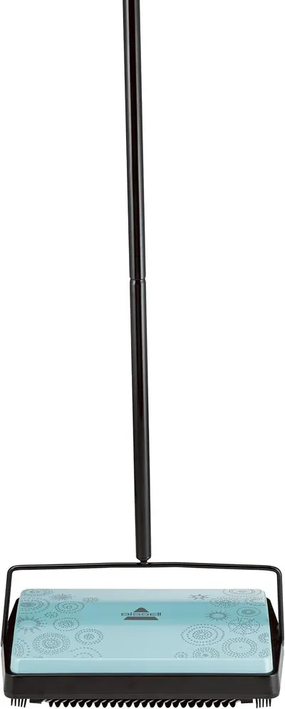 Provides a clean, catalog-style view of the sweeper product showing its full form with extended handle and decorative cleaning pad.