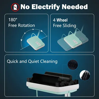 Communicates multiple key benefits of the product in a segmented layout, emphasizing its manual operation, maneuverability features, and cleaning efficiency to reassure shoppers of its versatility…