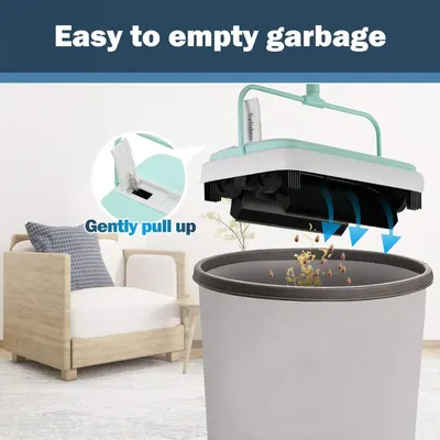 Demonstrates how to empty the vacuum's dustbin by gently pulling up the handle, reassuring shoppers that maintenance is simple and hassle-free. Highlights the convenience of the easy-to-empty…