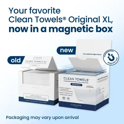 Informs customers that the same product they love now comes in updated packaging with a magnetic box, reassuring them that the product remains the same despite the packaging change.