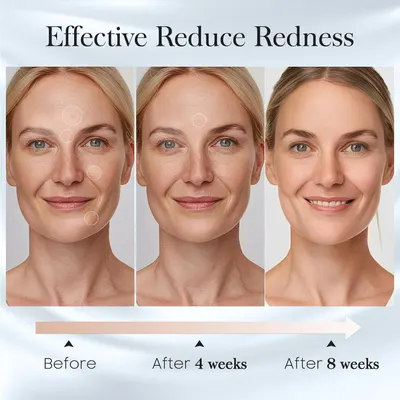 Demonstrates the product's effectiveness in reducing facial redness over time, showing progressive improvement at 4 weeks and 8 weeks to reassure shoppers of visible results.