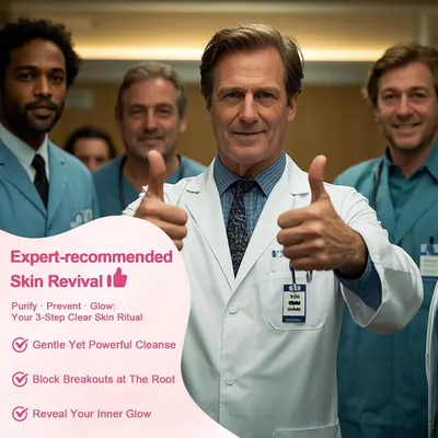 Communicates a 3-step skincare ritual with multiple distinct benefits (cleansing, preventing breakouts, and revealing glow) to show the comprehensive effectiveness of the product line. Leverages…