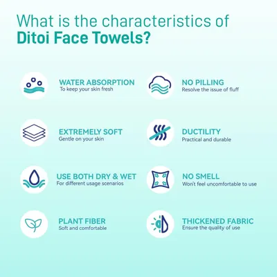 This image showcases eight distinct product characteristics of Ditoi Face Towels in a segmented grid layout, communicating multiple benefits including absorbency, softness, durability, versatility,…