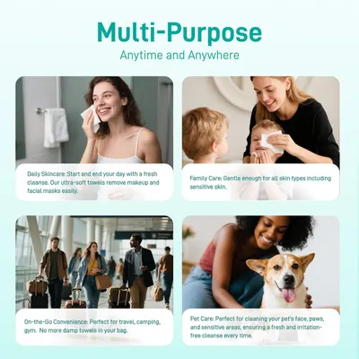 Demonstrates the versatility of the product by showing four distinct use cases: personal skincare, family care, on-the-go convenience, and pet care, reassuring shoppers that the product fits…