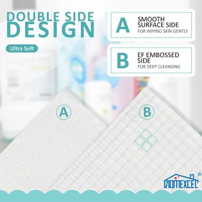 Explains the dual-sided construction of the wipe, showing that Side A is smooth for gentle wiping and Side B is embossed for deep cleansing, helping shoppers understand the product's versatile…