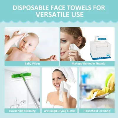 Demonstrates the versatility of the disposable face towels by showing multiple real-world applications across baby care, beauty, and household cleaning to communicate the product's multi-purpose…