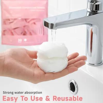 Demonstrates the product's strong water absorption capability and reusability, showing how it expands when wet and can be used repeatedly for cleaning or skincare routines.