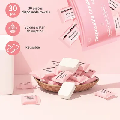 Communicates three distinct product benefits in a segmented layout with icons: quantity (30 pieces), water absorption capability, and reusability to reassure shoppers of the product's value and…