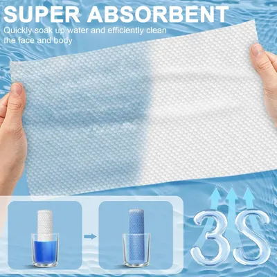 Communicates the product's superior water absorption capability, reassuring shoppers that the towel quickly soaks up water and efficiently cleans face and body.