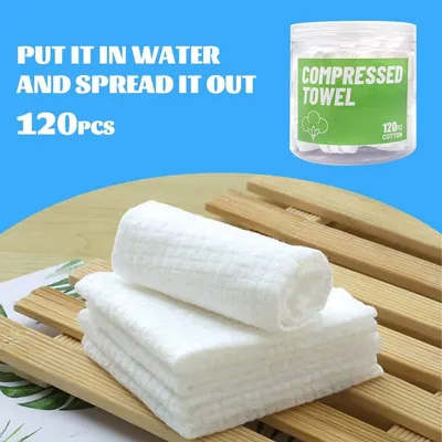 Demonstrates how to use the compressed towels by putting them in water and spreading them out, making the product's activation process clear and simple for shoppers. Highlights the quantity of 120…