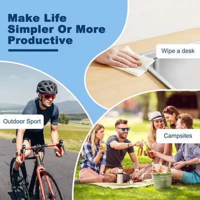 Demonstrates the product's versatility by showing three distinct use scenarios—outdoor sports, desk/office cleaning, and camping—to communicate that it works across multiple environments and…