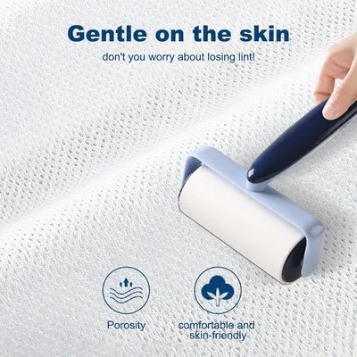Communicates multiple benefits of the lint roller including its gentle, skin-safe design and porous material construction to reassure shoppers about comfort and effectiveness.
