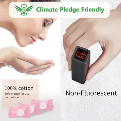 Communicates multiple product benefits including environmental responsibility, soft cotton material safe for facial use, and non-fluorescent properties to reassure shoppers about product safety and…
