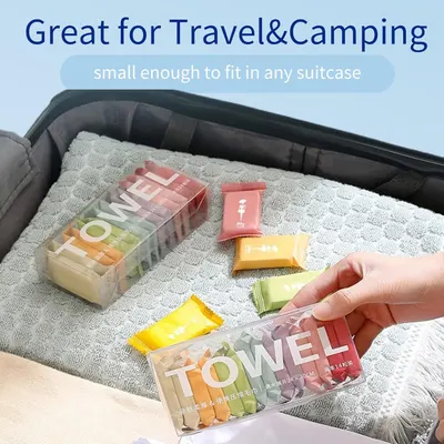 Demonstrates that the product is compact and portable, perfect for travel and camping scenarios by showing it fits easily in a suitcase. Highlights the product's compact size and portability as a…